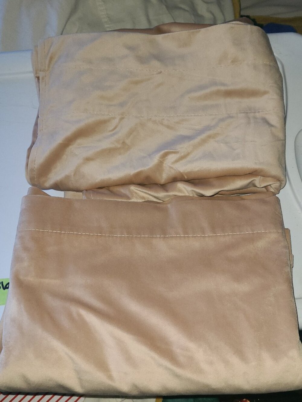 Two (2) Luster Velvet Unlined Curtains 53" x 75" Beige Velvet Rod Curtains